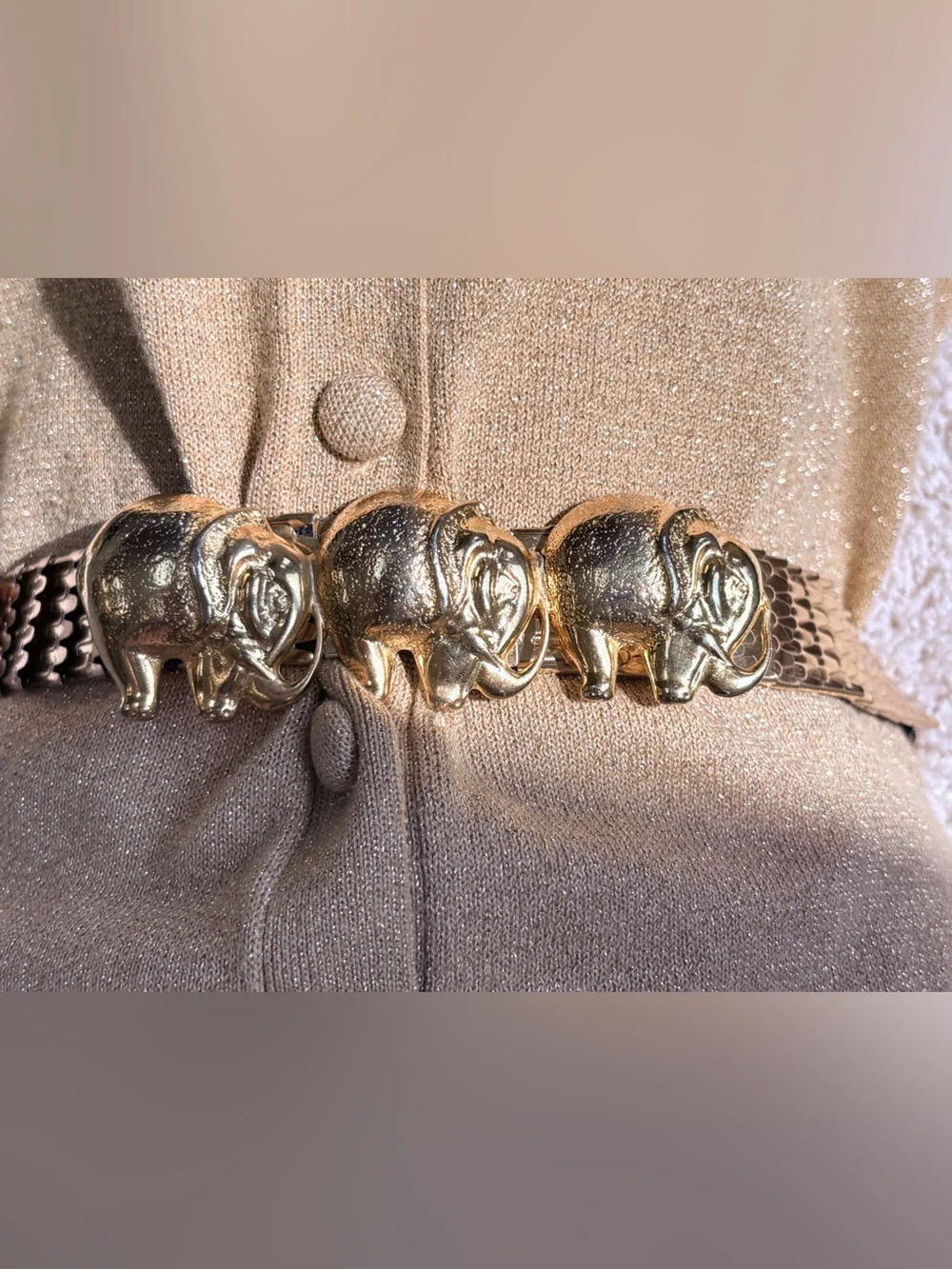 90s Accessory Accent NYC Lucky Elephants Gold Tone Metal Stretch Belt